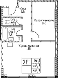Планировка: Евродвушка 57,7 м² в ЖК «Наметкин Тауэр»