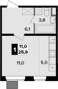 Планировка: Студия 25,9 м² в ЖК «Южная Битца»