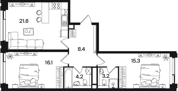Планировка: Евротрёшка 68,8 м² в ЖК «РАКУРС»
