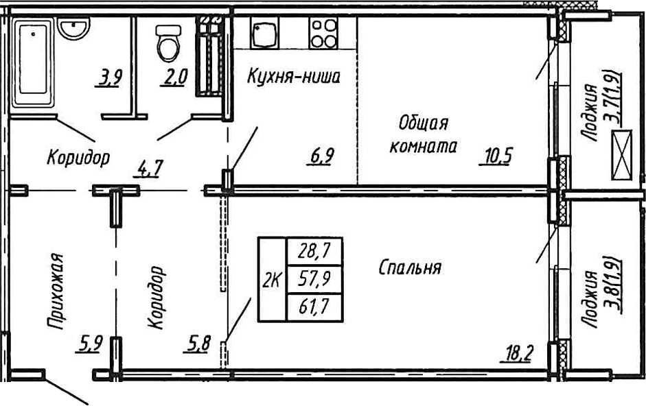 Планировка: Евродвушка 57,9 м² в ЖК «Сибирь»