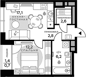 Планировка: 1-комнатная квартира 40,9 м² в ЖК «СберСити»