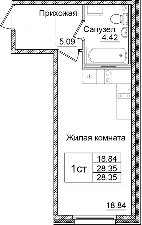 Планировка: Студия 28,4 м² в ЖК «Квартал Заречье»