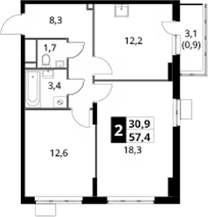 Планировка: 2-комнатная квартира 56,5 м² в ЖК «1-й Донской»