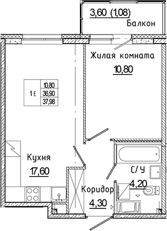 Планировка: Евродвушка 36,9 м² в ЖК «Аквилон Янино»