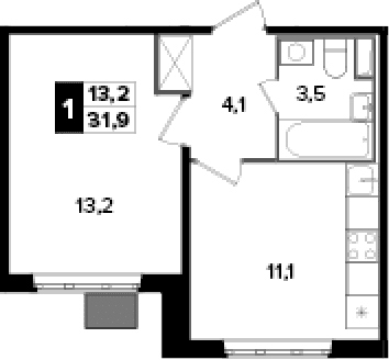 Планировка: 1-комнатная квартира 31,9 м² в ЖК «Южная Битца»