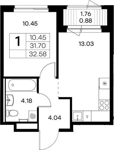 Планировка: Евродвушка 31,7 м² в ЖК «Новоселье»