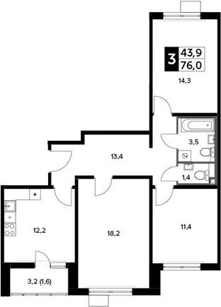 Планировка: 3-комнатная квартира 75,6 м² в ЖК «Южная Битца»