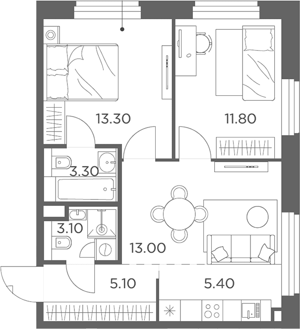 Планировка: Евротрёшка 55 м² в ЖК «Белый Град»