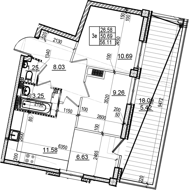 Планировка: Евротрёшка 50,4 м² в ЖК «Neva Residence»