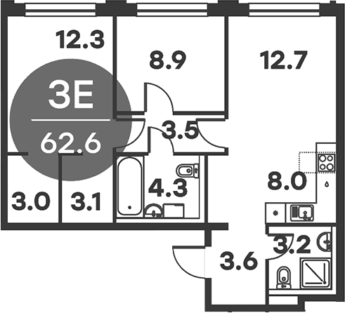 Планировка: Евротрёшка 62,6 м² в ЖК «Равновесие»