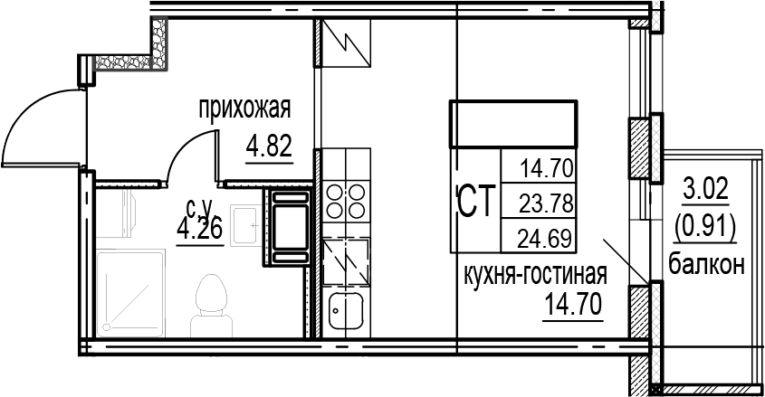 Планировка: Студия 23,8 м² в ЖК «ID Murino III»