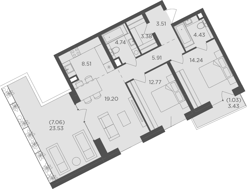 Планировка: Евротрёшка 76,7 м² в ЖК «FORIVER»