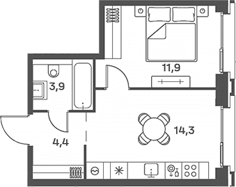 Планировка: Евродвушка 34,5 м² в ЖК «Портленд»