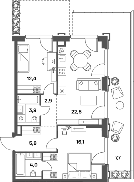 Планировка: Евротрёшка 67,6 м² в ЖК «Портленд»