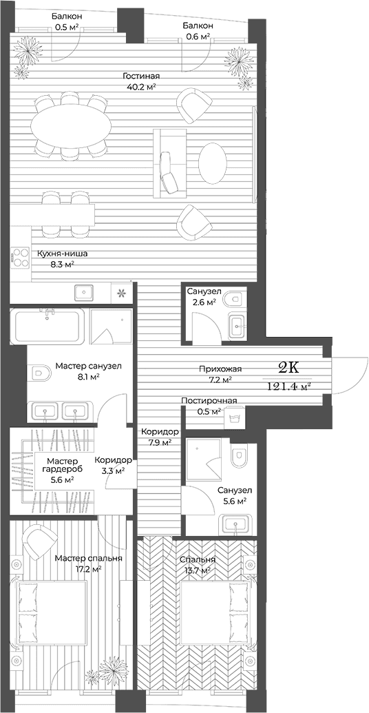 Планировка: Евротрёшка 120,3 м² в ЖК «Опус»