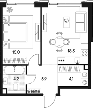 Планировка: Евродвушка 47,5 м² в ЖК «Клубный город на реке Примавера»