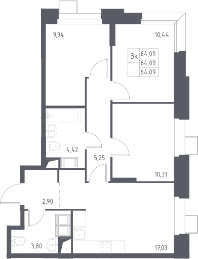 Планировка: Квартира евро-4 64,1 м² в ЖК «Тропарево Парк»