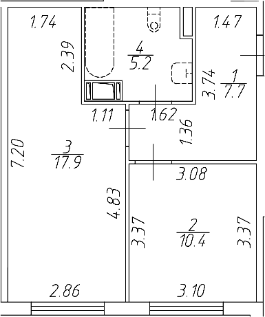 Планировка: Евродвушка 41,2 м² в ЖК «Апарт-отель Начало»