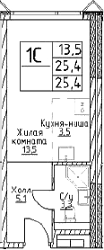 Планировка: Студия 25,4 м² в ЖК «Наметкин Тауэр»