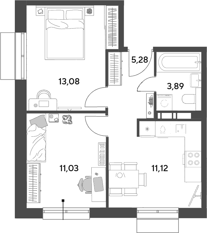Планировка: 2-комнатная квартира 44,4 м² в ЖК «Публицист»