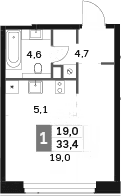 Планировка: Студия 33,4 м² в ЖК «Амбер Сити»
