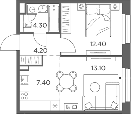 Планировка: Евродвушка 41,4 м² в ЖК «Белый Град»