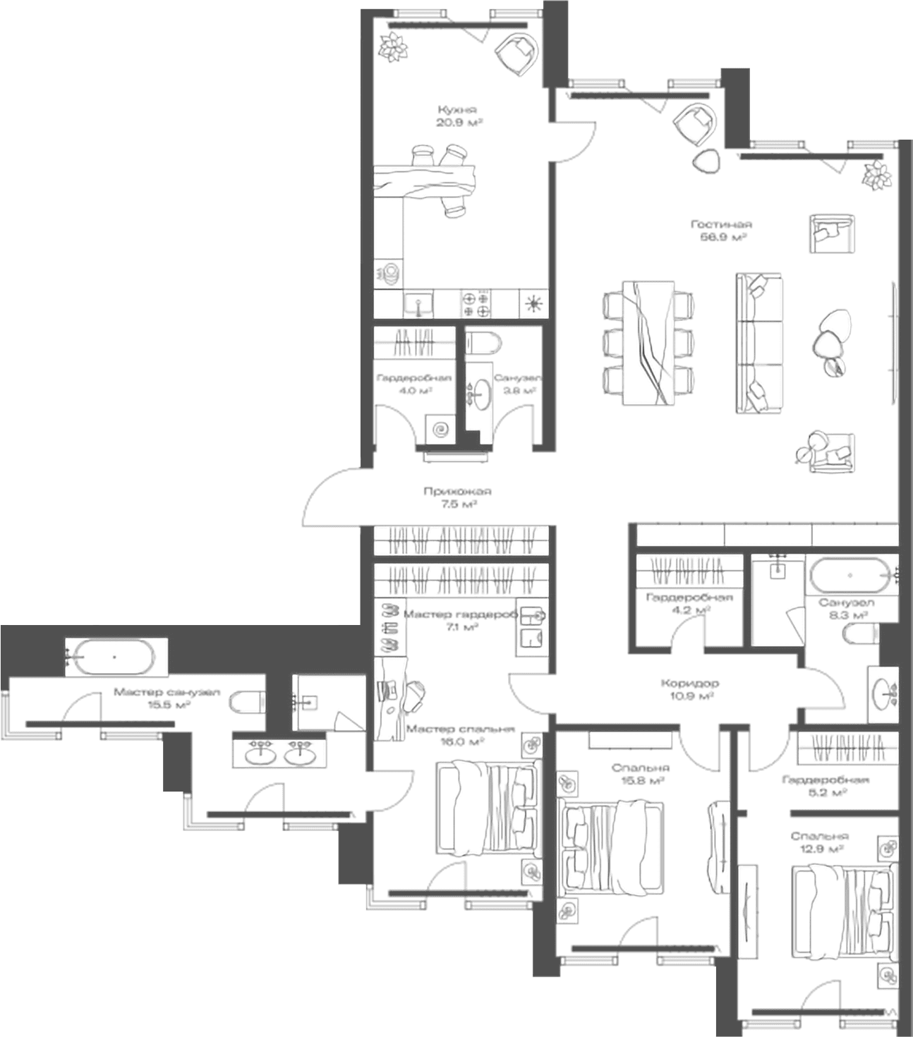 Планировка: Квартира евро-4 189 м² в ЖК «Опус»