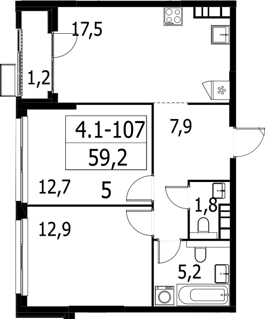Планировка: 2-комнатная квартира 58 м² в ЖК «Южные сады»