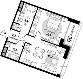 Планировка: Евродвушка 45,6 м² в ЖК «СберСити»