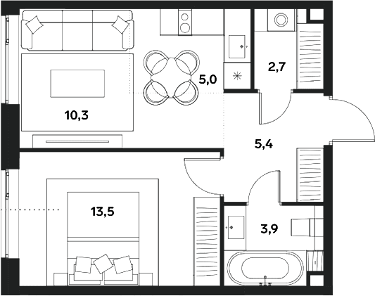 Планировка: Евродвушка 40,8 м² в ЖК «АЛИА»