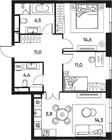 Планировка: Евротрёшка 67,6 м² в ЖК «ПРАЙД»