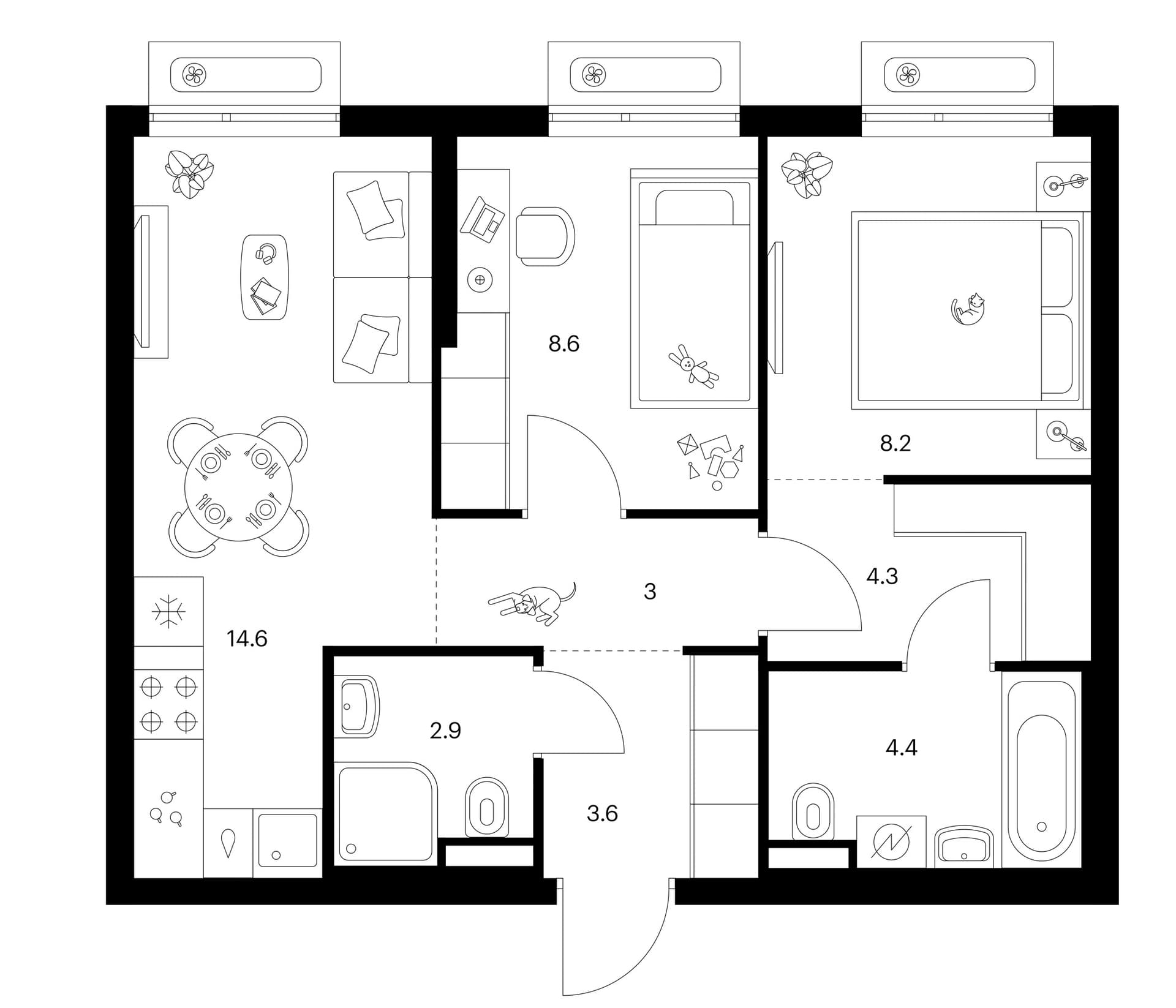 Планировка: 2-комнатная квартира 49,6 м² в ЖК «Зеленый парк»