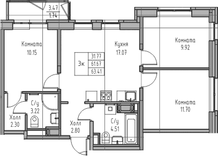Планировка: Квартира евро-4 61,7 м² в ЖК «Юнтолово»