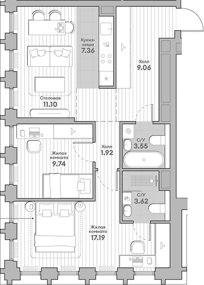 Планировка: Евротрёшка 63,5 м² в ЖК «ИНДИВО»