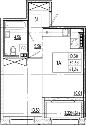Планировка: Евродвушка 39,6 м² в ЖК «Ranta Residence»