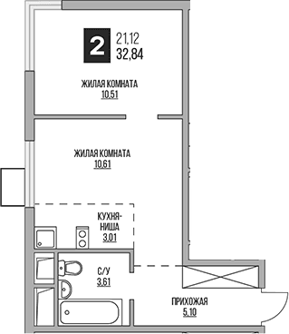 Планировка: Евродвушка 32,8 м² в ЖК «Гранель Аникеевский»