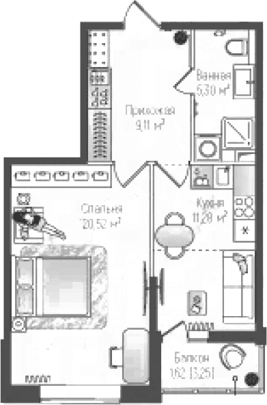 Планировка: 1-комнатная квартира 46,2 м² в ЖК «Рига Хиллс»