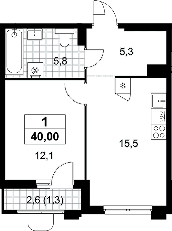Планировка: Евродвушка 38,7 м² в ЖК «Прокшино»