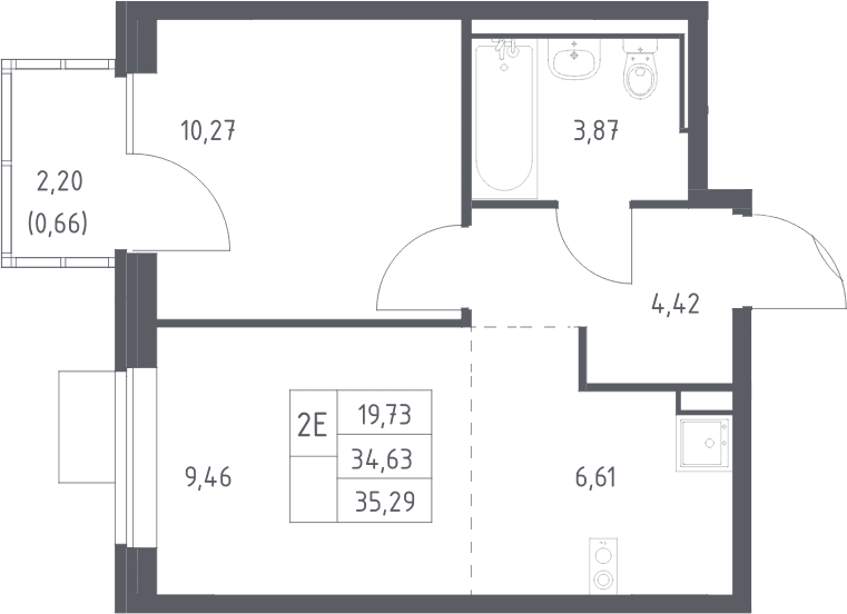 Планировка: Евродвушка 34,6 м² в ЖК «Молжаниново»