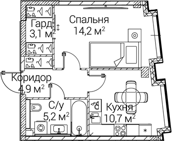 Планировка: 1-комнатная квартира 38,1 м² в ЖК «СЕЗАР БУДУЩЕЕ»