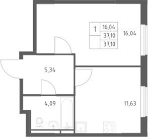 Планировка: 1-комнатная квартира 37,1 м² в ЖК «Мытищи Парк»