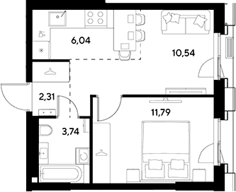 Планировка: Евродвушка 34,4 м² в ЖК «ЭВО»