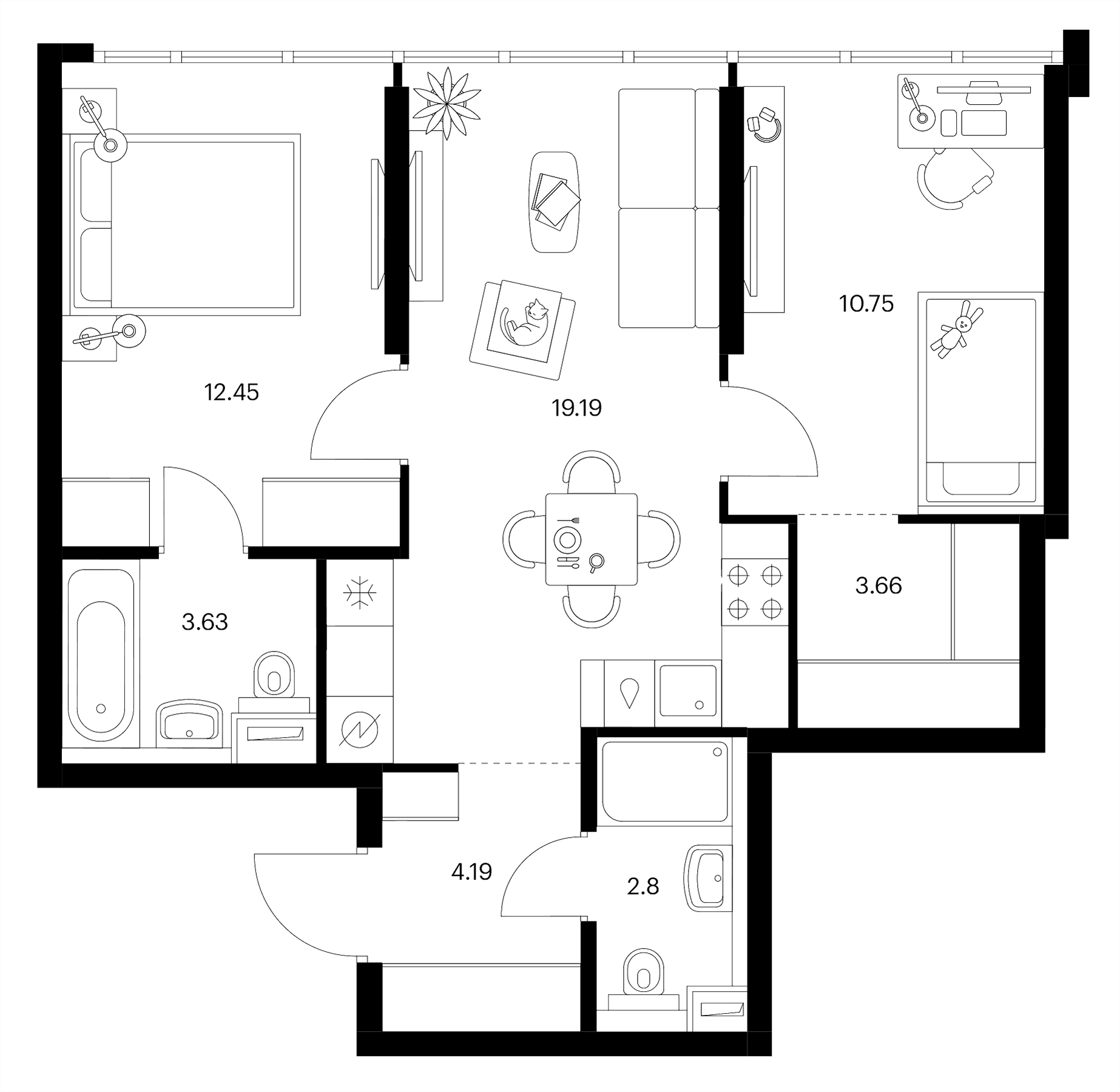 Планировка: Евротрёшка 56,7 м² в ЖК «Бусиновский парк»