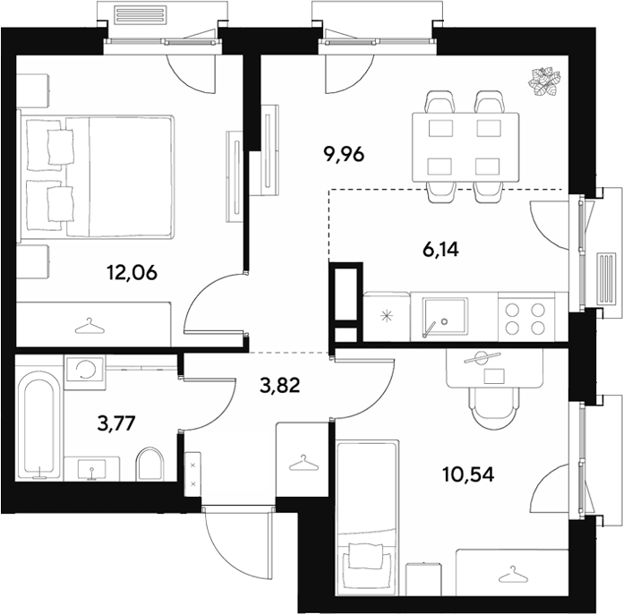 Планировка: Евротрёшка 46,3 м² в ЖК «ЭВО»