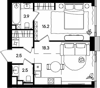 Планировка: Евродвушка 47,3 м² в ЖК «СТОУН Грэйн»