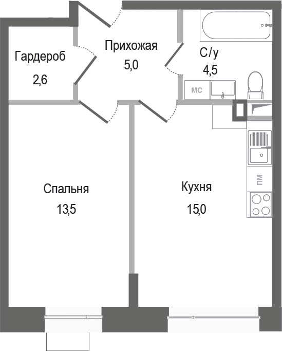 Планировка: 1-комнатная квартира 40,6 м² в ЖК «Киноквартал»