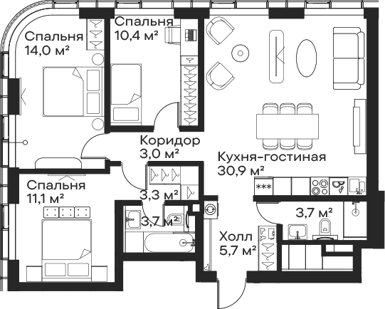Планировка: Квартира евро-4 85,8 м² в ЖК «Сити Бэй»