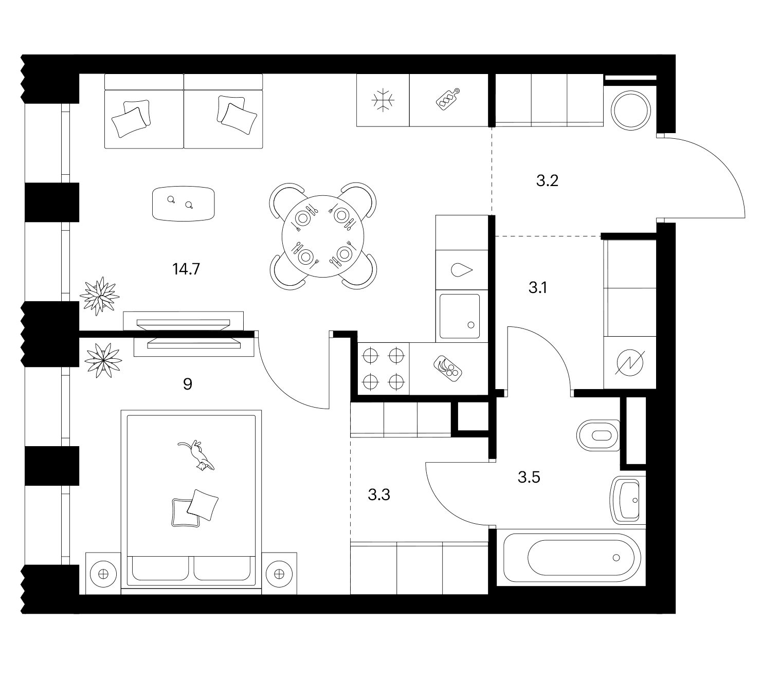 Планировка: 1-комнатная квартира 36,8 м² в ЖК «Строгино 360»