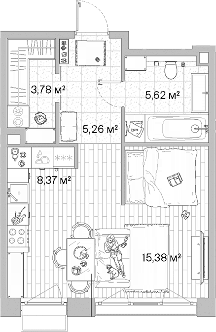 Планировка: Студия 38,4 м² в ЖК «МЫС»