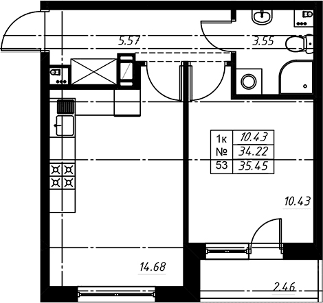 Планировка: Евродвушка 34,4 м² в ЖК «Огоньки»